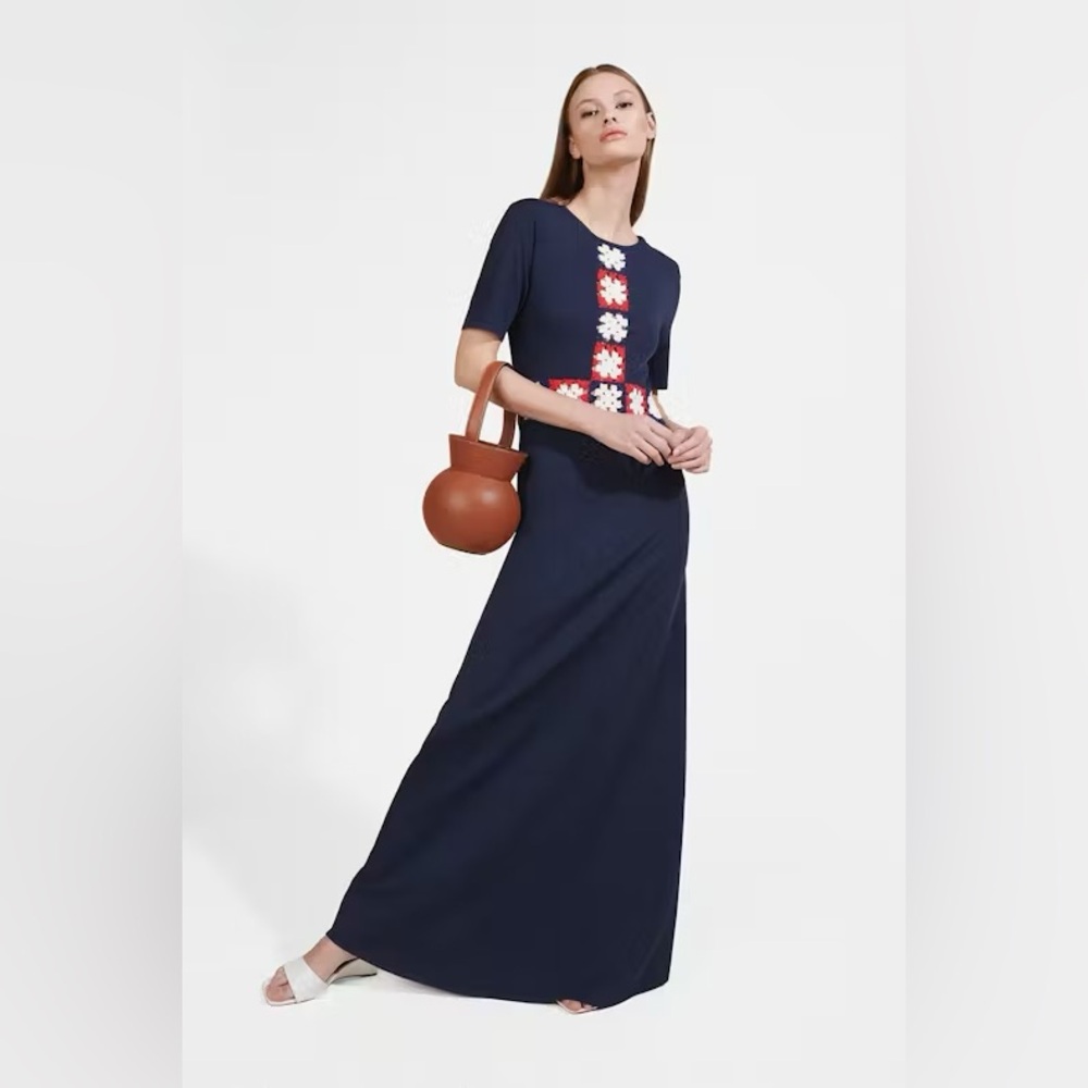 Staud Elegant Navy Blue Crochet Design Maxi Dress